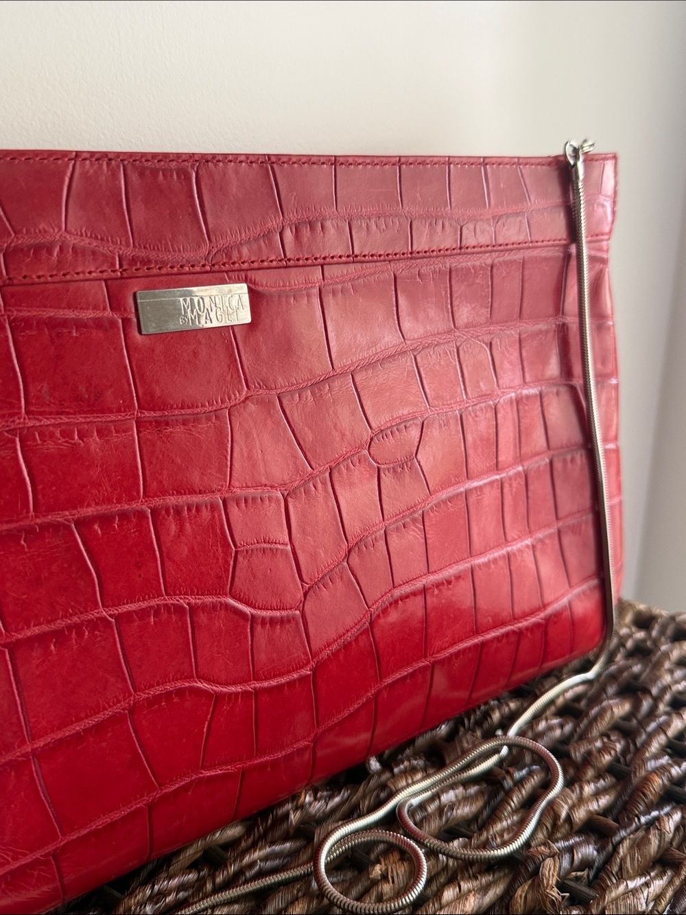 VINTAGE Bruno Magli Monica Croc Embossed Red Leather Clutch Bag Y2K RARE Indie - Picture 12 of 13